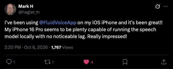 Original X post by Mark H: Local dictation on iPhone 16 Pro, with no noticeable lag.